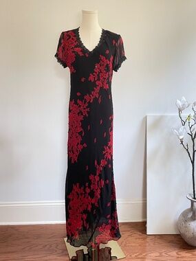 Majick‎ Whimsigoth Maxi Dress M Black Floral Chiffon Beaded Lace Y2K Fairy Goth
